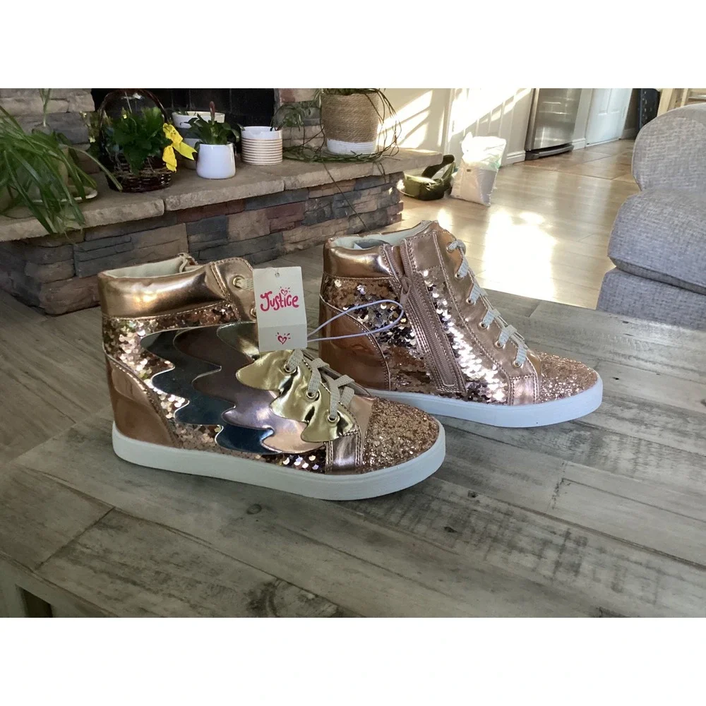 Justice Girls Rose Gold Sequin Winged High Top Sneakers Size 9 Glitter Metallic